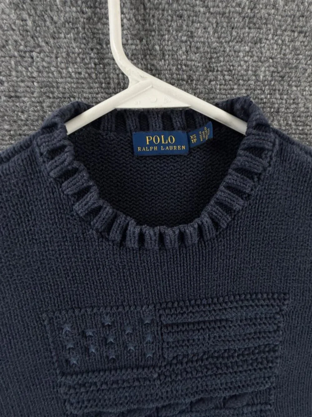 Polo Ralph Lauren XS USA Flag Sweater Navy Blue Embroidered Crew Neck Cotton